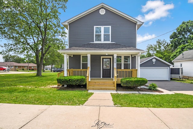 223 E 20th Ct, Lockport, IL 60441 - view of front of home with an outbuilding, a garage, covered porch, a front lawn, and roof with shingles