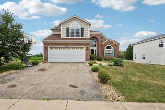 2025 Westbury Ln, Aurora, IL 60502 - traditional home featuring driveway, brick siding, a front yard, and a garage