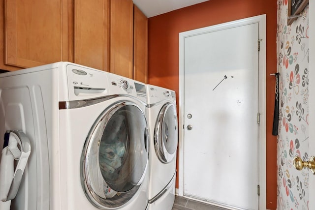 2025 Westbury Ln, Aurora, IL 60502 - washroom with washing machine and dryer, cabinet space, and tile patterned floors