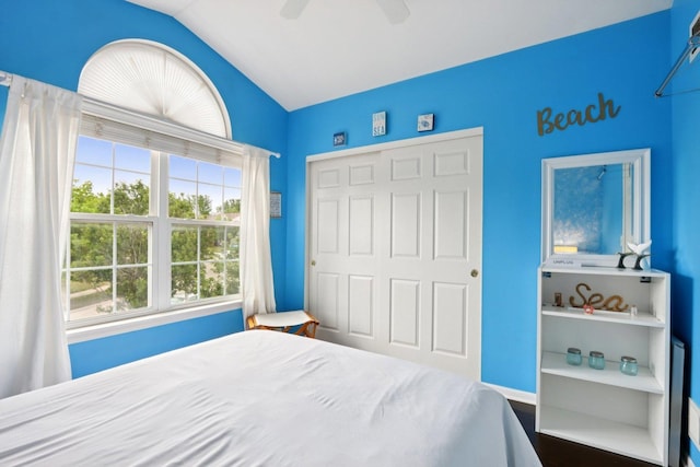 2025 Westbury Ln, Aurora, IL 60502 - bedroom featuring vaulted ceiling, a closet, and a ceiling fan