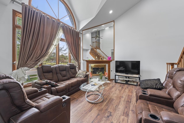 7008 Plymouth Ct Unit 7008, Tinley Park, IL 60477 - living room featuring a ceiling fan, wood-type flooring, high vaulted ceiling, and recessed lighting