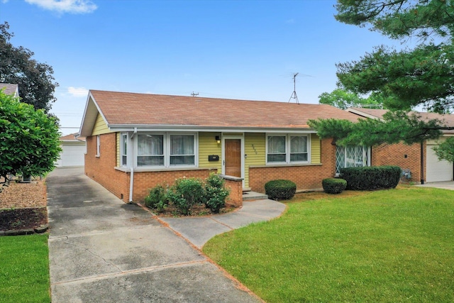 5530 Parkview Ct, Crestwood, IL 60418 - ranch-style home featuring brick siding, a front lawn, an outdoor structure, and roof with shingles