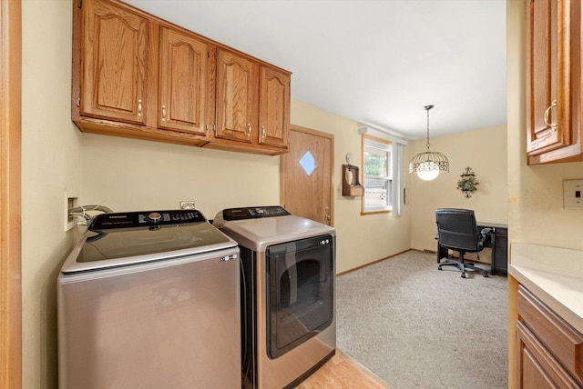 5530 Parkview Ct, Crestwood, IL 60418 - laundry area featuring cabinet space, washer and dryer, light colored carpet, and an office area