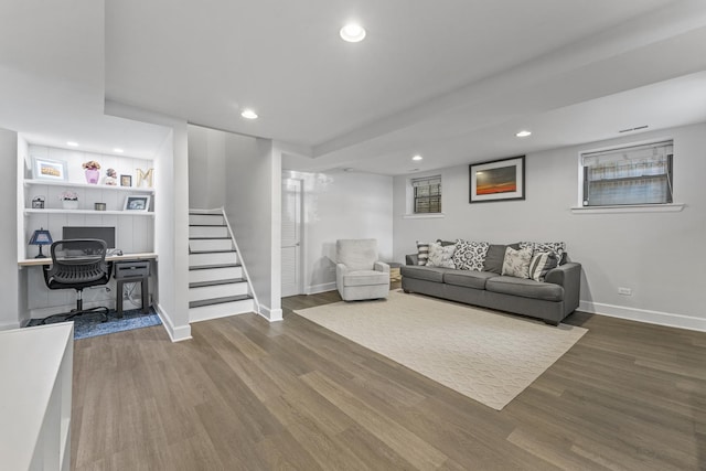 6351 N Glenwood Ave Unit 1S, Chicago, IL 60660 - living room featuring wood finished floors, stairs, a desk, and recessed lighting