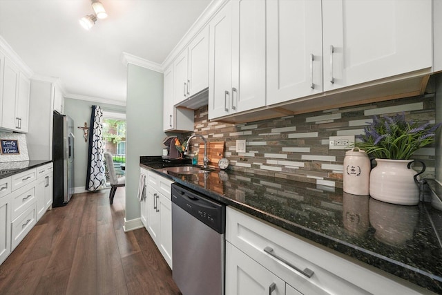 4113 W 97th Pl Unit 104, Oak Lawn, IL 60453 - kitchen featuring stainless steel appliances, decorative backsplash, white cabinets, crown molding, and dark wood-style flooring
