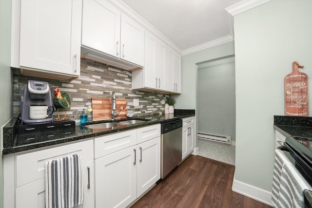 4113 W 97th Pl Unit 104, Oak Lawn, IL 60453 - kitchen with stainless steel dishwasher, a baseboard heating unit, stove, tasteful backsplash, and ornamental molding