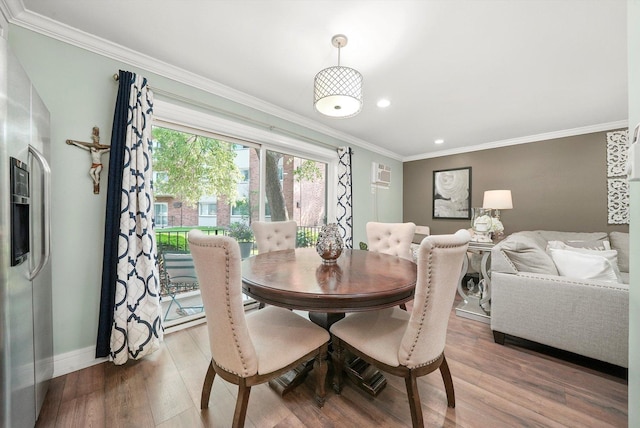 4113 W 97th Pl Unit 104, Oak Lawn, IL 60453 - dining area featuring ornamental molding, recessed lighting, wood finished floors, and a wall mounted air conditioner