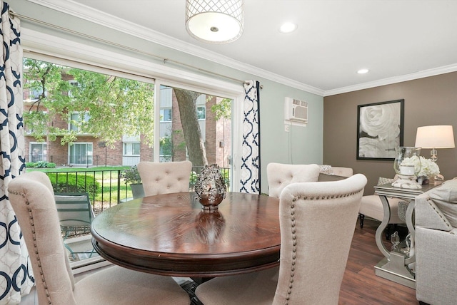 4113 W 97th Pl Unit 104, Oak Lawn, IL 60453 - dining room with ornamental molding, wood finished floors, an AC wall unit, and recessed lighting