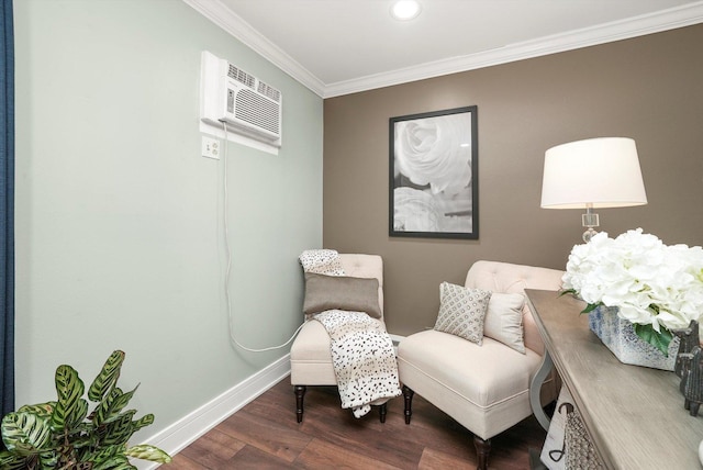 4113 W 97th Pl Unit 104, Oak Lawn, IL 60453 - living area with ornamental molding, wood finished floors, a wall mounted AC, and recessed lighting