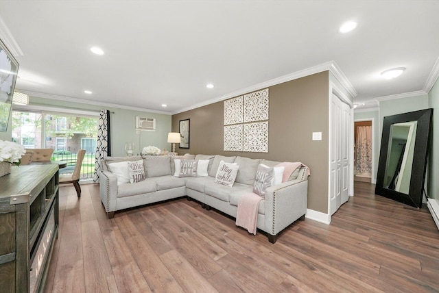 4113 W 97th Pl Unit 104, Oak Lawn, IL 60453 - living area with light wood-type flooring, ornamental molding, recessed lighting, and an AC wall unit