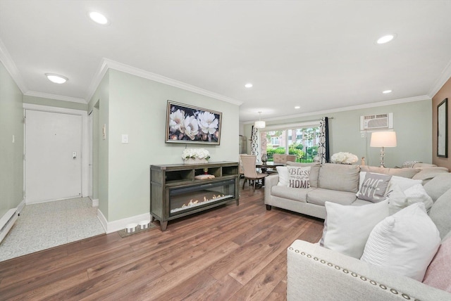 4113 W 97th Pl Unit 104, Oak Lawn, IL 60453 - living area with wood finished floors, an AC wall unit, recessed lighting, and crown molding