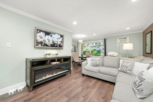 4113 W 97th Pl Unit 104, Oak Lawn, IL 60453 - living area featuring crown molding, a wall mounted air conditioner, wood finished floors, and recessed lighting