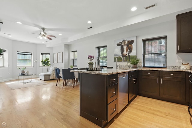 4857 N Drake Ave Unit G, Chicago, IL 60625 - kitchen with dishwasher, a peninsula, a ceiling fan, dark brown cabinets, and recessed lighting