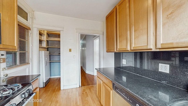 1646 E 54th St Unit 2, Chicago, IL 60615 - kitchen with light wood finished floors, stainless steel appliances, tasteful backsplash, and dark stone counters