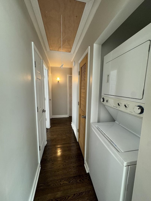 8117 S Keating Ave, Chicago, IL 60652 - corridor featuring attic access, estacked washer and dryer, dark wood finished floors, and baseboards