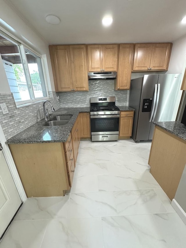 8117 S Keating Ave, Chicago, IL 60652 - kitchen featuring stainless steel appliances, a sink, under cabinet range hood, dark stone countertops, and light marble finish flooring