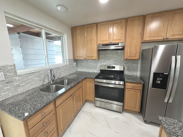 8117 S Keating Ave, Chicago, IL 60652 - kitchen with stainless steel appliances, under cabinet range hood, a sink, light marble finish floors, and dark stone countertops
