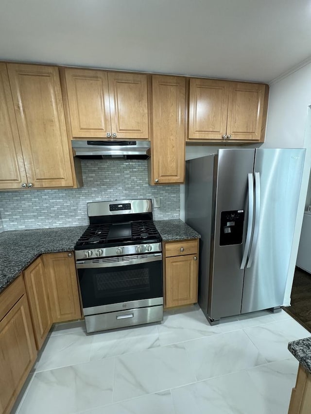 8117 S Keating Ave, Chicago, IL 60652 - kitchen with appliances with stainless steel finishes, under cabinet range hood, light marble finish flooring, dark stone countertops, and decorative backsplash