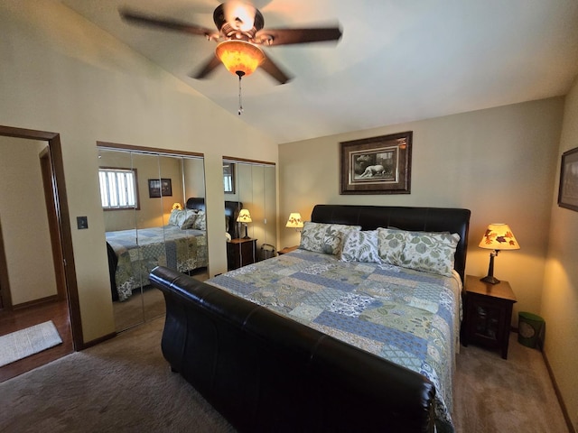 4910 143rd Pl, Midlothian, IL 60445 - bedroom with carpet, two closets, vaulted ceiling, and ceiling fan