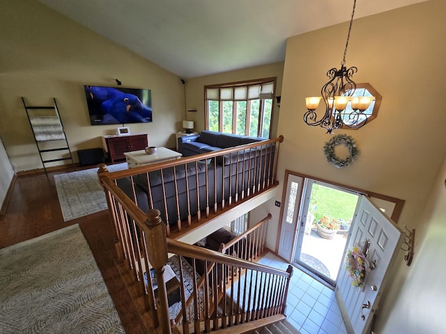 4910 143rd Pl, Midlothian, IL 60445 - entrance foyer with a chandelier, high vaulted ceiling, and wood finished floors