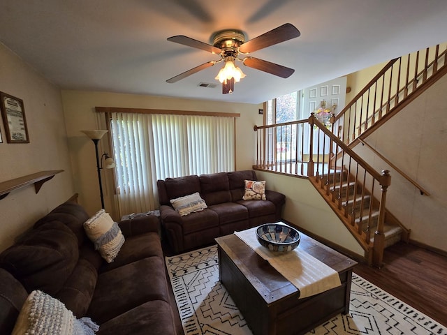 4910 143rd Pl, Midlothian, IL 60445 - living area featuring light wood-type flooring, a ceiling fan, stairs, and baseboards