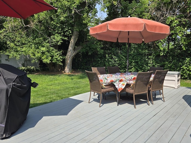 4910 143rd Pl, Midlothian, IL 60445 - wooden deck with outdoor dining area, a lawn, and a grill