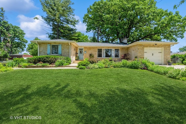 7807 Pershing Blvd, Kenosha, WI 53142 - ranch-style house with stone siding, a garage, a front yard, and driveway