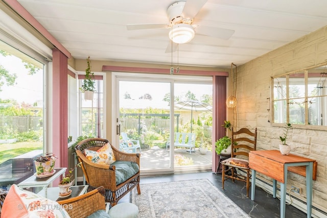 7807 Pershing Blvd, Kenosha, WI 53142 - sunroom with healthy amount of natural light, a ceiling fan, and a baseboard heating unit