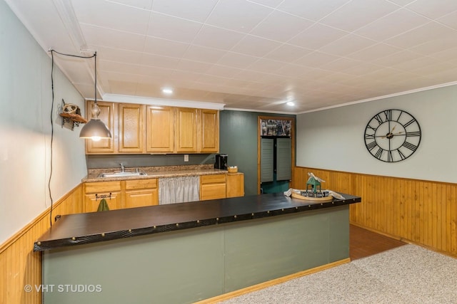 7807 Pershing Blvd, Kenosha, WI 53142 - kitchen with a wainscoted wall, ornamental molding, wooden walls, and wood finished floors