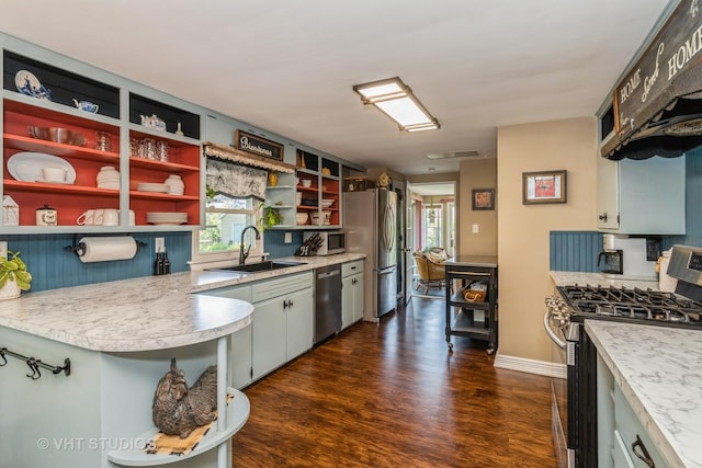 7807 Pershing Blvd, Kenosha, WI 53142 - kitchen with appliances with stainless steel finishes, open shelves, dark wood finished floors, and healthy amount of natural light