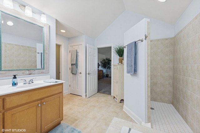 13008 Rockfish Ln, Plainfield, IL 60585 - full bath with walk in shower, vanity, lofted ceiling, recessed lighting, and tile patterned floors