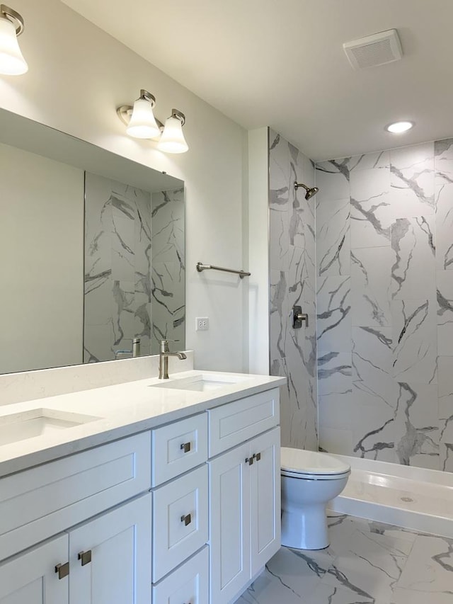 5400 135th St Unit 5406, Crestwood, IL 60418 - full bath featuring double vanity, a marble finish shower, recessed lighting, and marble look tile flooring