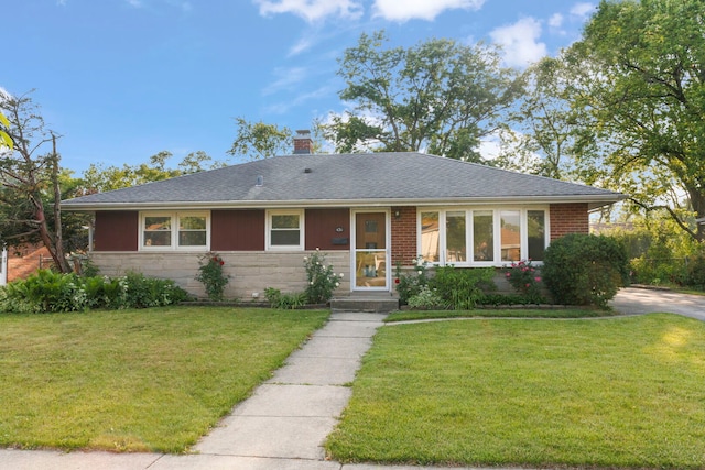 436 Marion St, Bensenville, IL 60106 - ranch-style home featuring a front yard, stone siding, a chimney, and roof with shingles