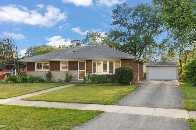 436 Marion St, Bensenville, IL 60106 - ranch-style home featuring a front lawn, an outdoor structure, a detached garage, and stone siding