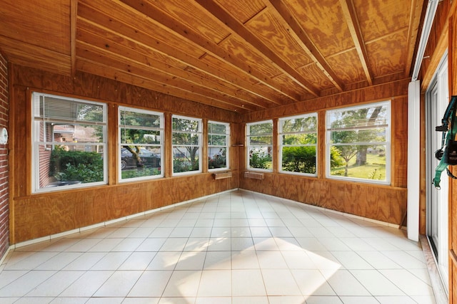 436 Marion St, Bensenville, IL 60106 - unfurnished sunroom with tile patterned flooring, wood walls, and wood ceiling