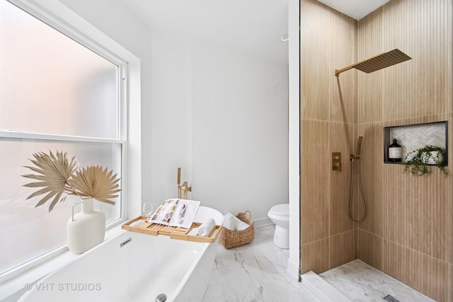 4752 S Champlain Ave, Chicago, IL 60615 - full bath featuring marble finish flooring, a freestanding bath, tiled shower, and toilet