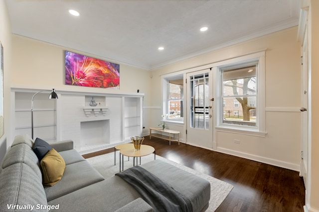 7955 S May St, Chicago, IL 60620 - living room with ornamental molding, wood finished floors, recessed lighting, baseboards, and a brick fireplace