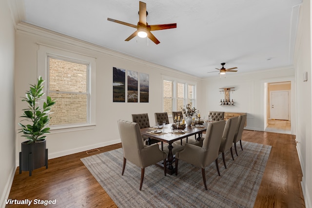 7955 S May St, Chicago, IL 60620 - dining space with a ceiling fan, baseboards, ornamental molding, and wood finished floors