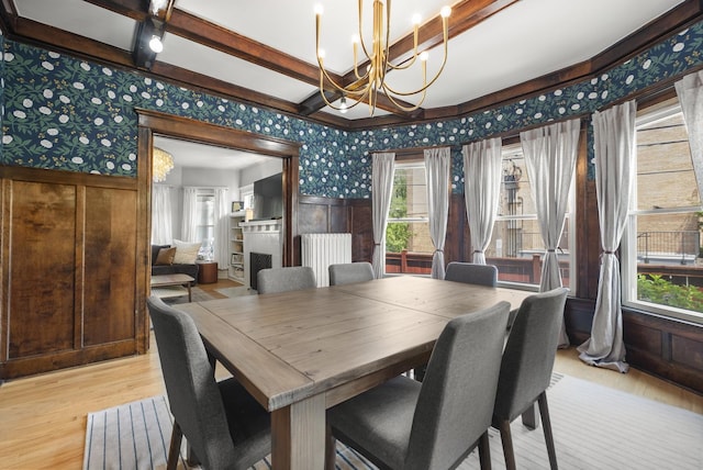 1419 W Birchwood Ave, Chicago, IL 60626 - dining area featuring wallpapered walls, a wainscoted wall, a chandelier, beamed ceiling, and coffered ceiling