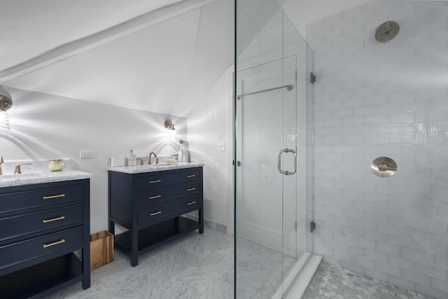 1419 W Birchwood Ave, Chicago, IL 60626 - bathroom featuring vanity, a stall shower, and lofted ceiling