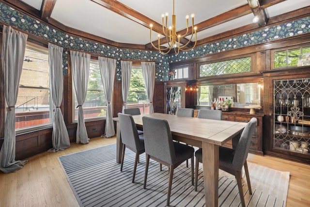 1419 W Birchwood Ave, Chicago, IL 60626 - dining room featuring beamed ceiling, a chandelier, wood finished floors, and coffered ceiling