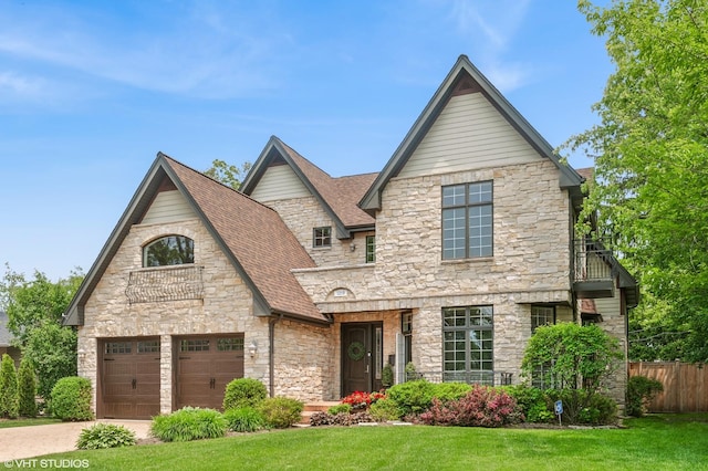 1219 Parkside Ln, Deerfield, IL 60015 - french country inspired facade with stone siding, concrete driveway, a shingled roof, and a garage