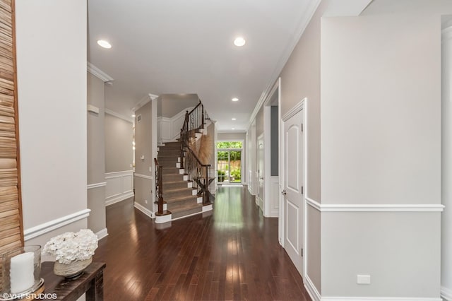 1219 Parkside Ln, Deerfield, IL 60015 - entryway featuring wood finished floors, stairway, wainscoting, a decorative wall, and recessed lighting