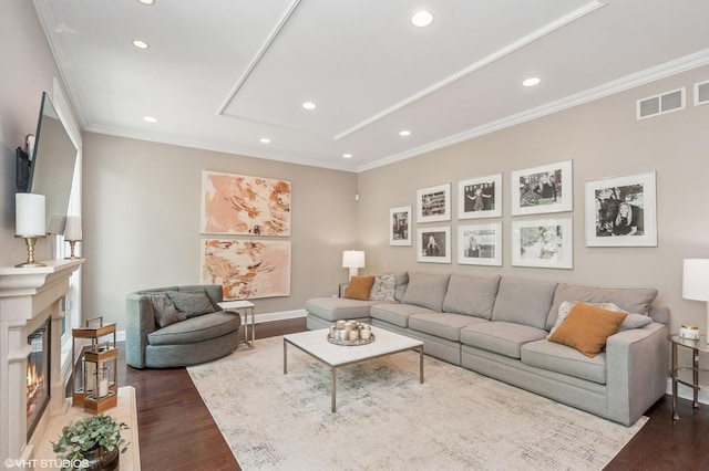 1219 Parkside Ln, Deerfield, IL 60015 - living area with recessed lighting, dark wood-style floors, a fireplace, and ornamental molding