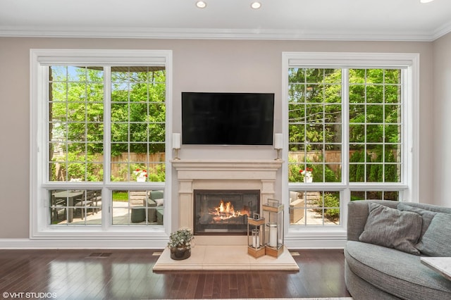 1219 Parkside Ln, Deerfield, IL 60015 - living room with wood-type flooring, plenty of natural light, crown molding, a glass covered fireplace, and recessed lighting