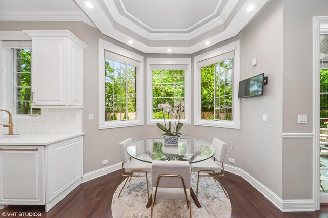 1219 Parkside Ln, Deerfield, IL 60015 - dining area with crown molding, dark wood-style floors, and recessed lighting