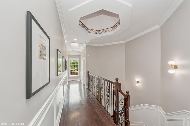 1219 Parkside Ln, Deerfield, IL 60015 - hallway with an upstairs landing, a raised ceiling, hardwood / wood-style flooring, and crown molding