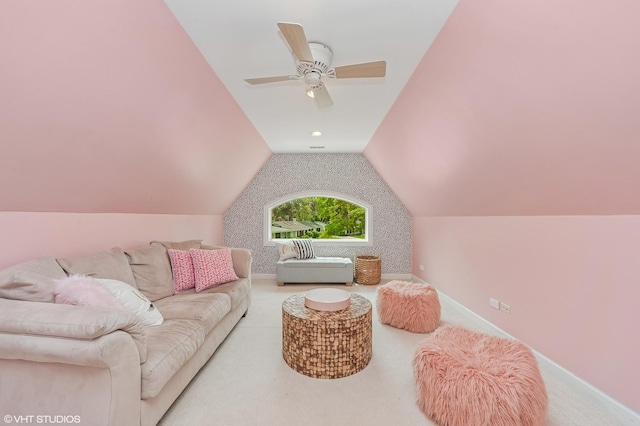 1219 Parkside Ln, Deerfield, IL 60015 - carpeted living room with lofted ceiling and a ceiling fan