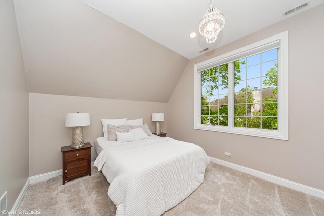 1219 Parkside Ln, Deerfield, IL 60015 - bedroom with lofted ceiling, carpet floors, and a chandelier
