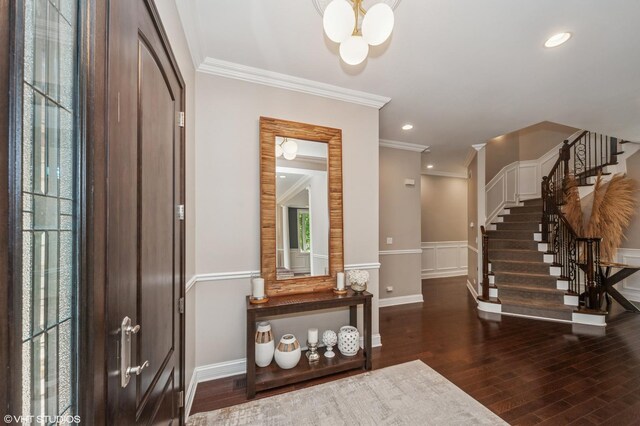 1219 Parkside Ln, Deerfield, IL 60015 - foyer featuring stairs, ornamental molding, wood finished floors, recessed lighting, and a chandelier